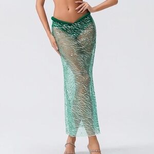 Mermaid Skirt Costume Green Silver Sequin Pull-on Skirt Women's Size XL